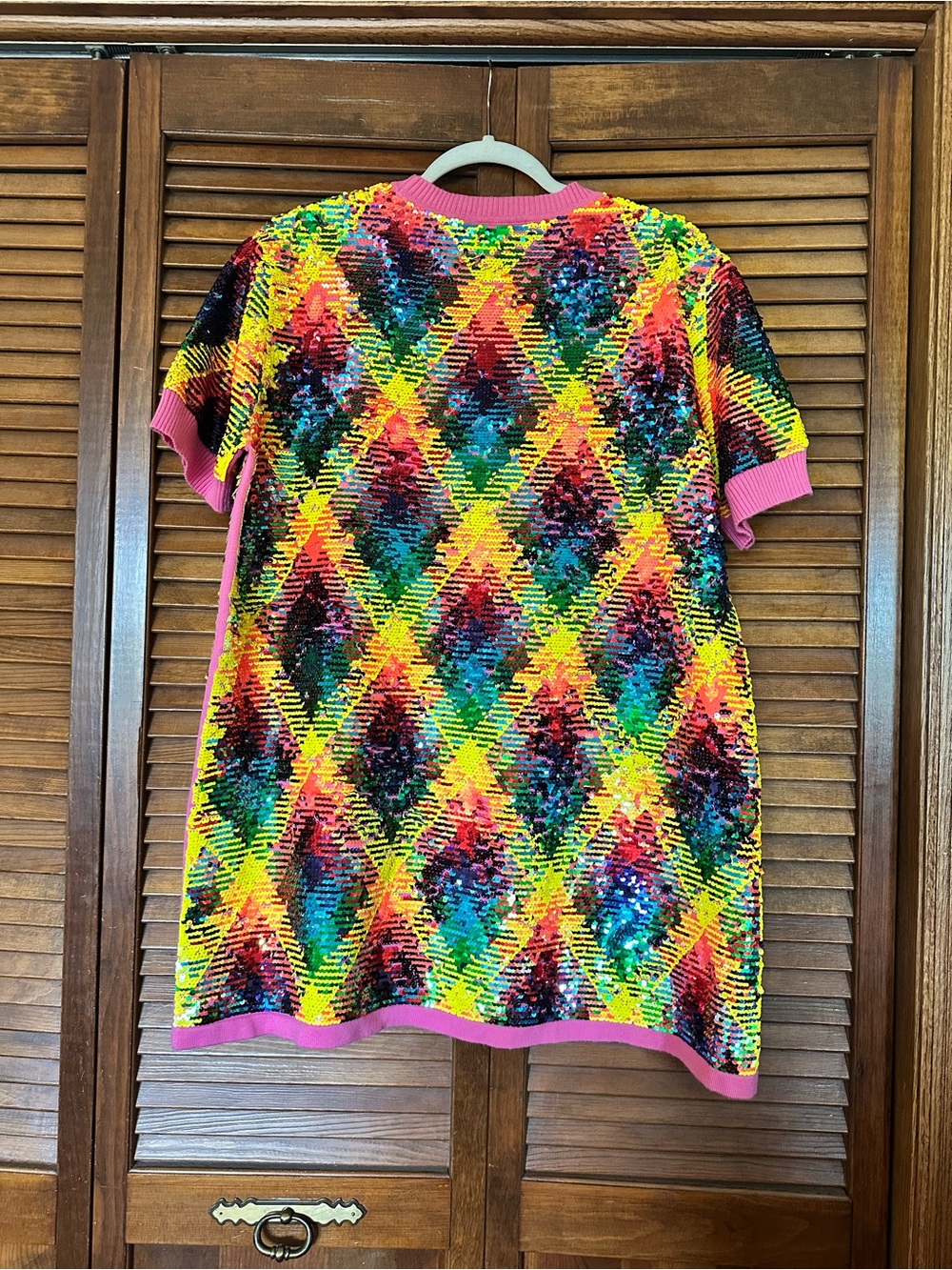 QUEEN OF SPARKLES Multicolor Sequin Mini Dress with Pink Trim size xs. - Picture 5 of 6